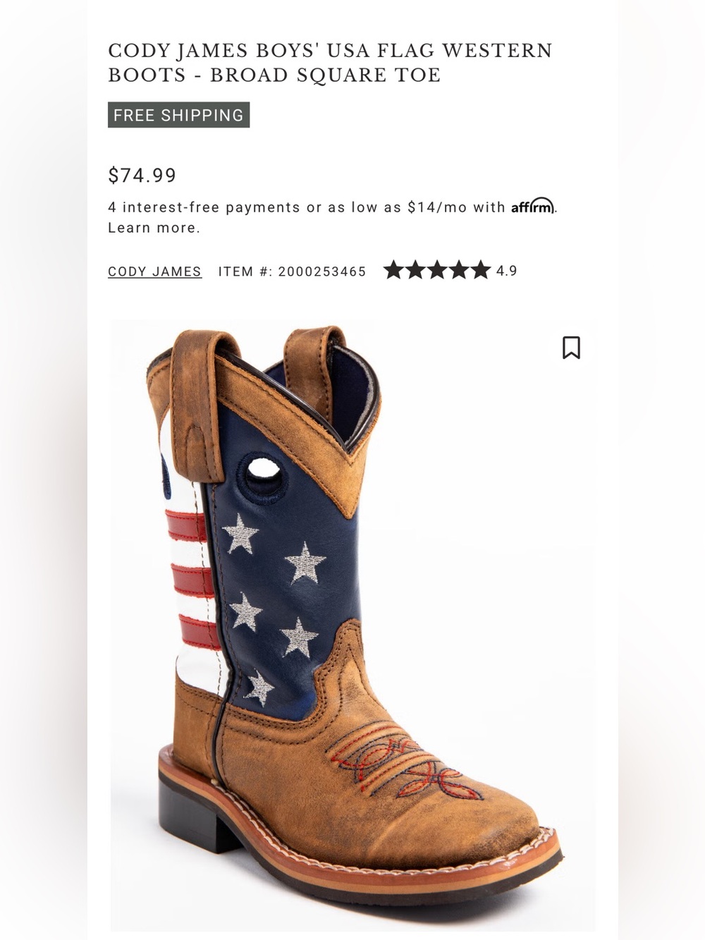 Cody James Boys’ USA Flag Western Boots Broad Square Toe Size 9